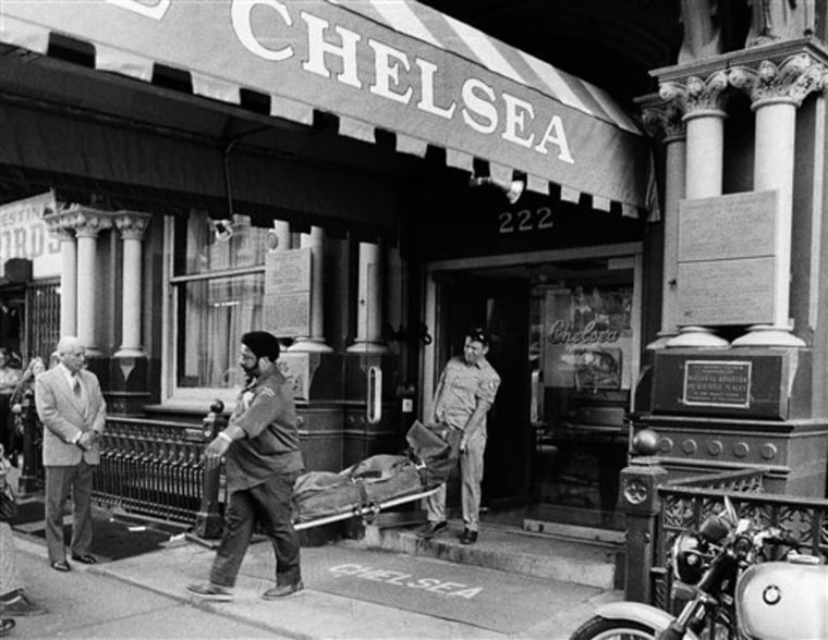 In this Oct. 12, 1978 file photo, attendants carry the body of 20-year-old Nancy Spungen from the Hotel Chelsea, allegedly stabbed to death by her boyfriend, The Sex Pistols' Sid Vicious. 